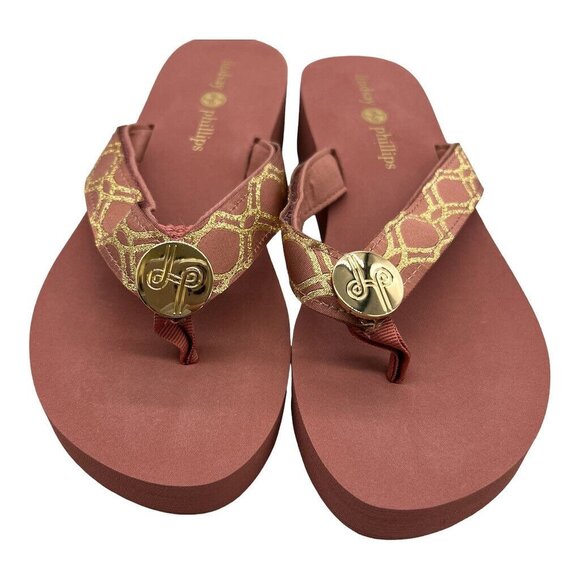 Lindsay Phillips Womens 9 Wedge Flip-Flops With Gold Pattern & Button Detail Sna - Picture 1 of 9